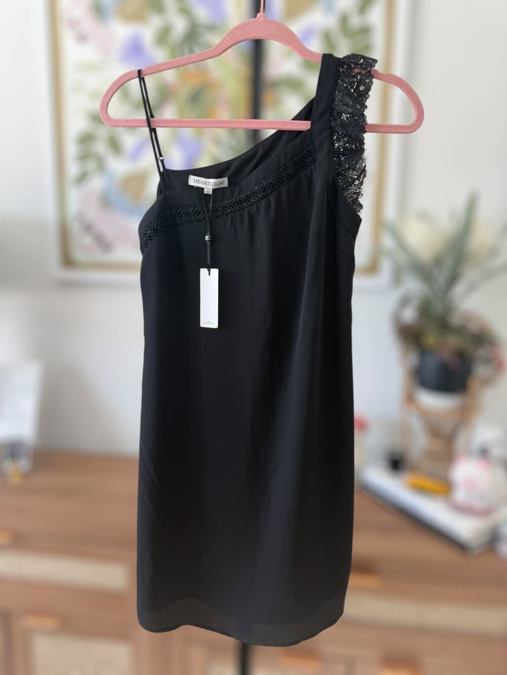NWT Heartloom Sleeveless One Shoulder Lace Trim Mini Dress Black Women's Size XS